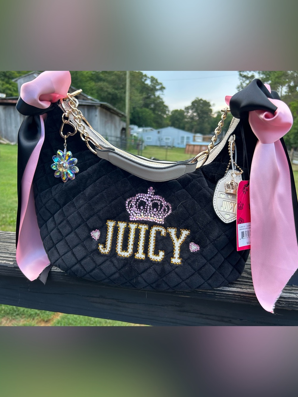 Custom Juicy Couture Black Quilted Shoulder Bag with Pink  & gold Accents